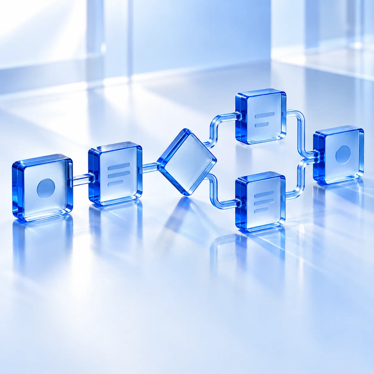 Connected blue glass workflow blocks branching and rejoining into a clear automation path