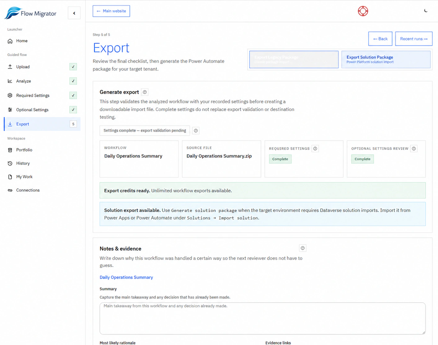 Export screen for Daily Operations Summary with settings complete, export validation pending, package options, and migration notes.
