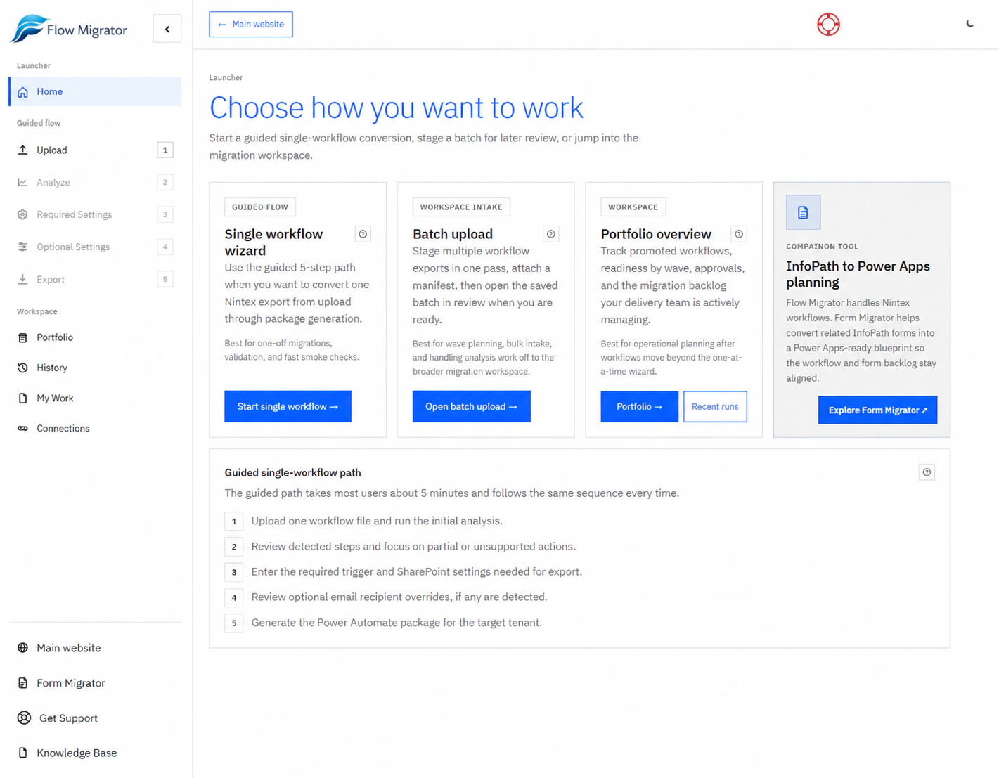 Flow Migrator launcher with single workflow, batch upload, portfolio, and Form Migrator options.