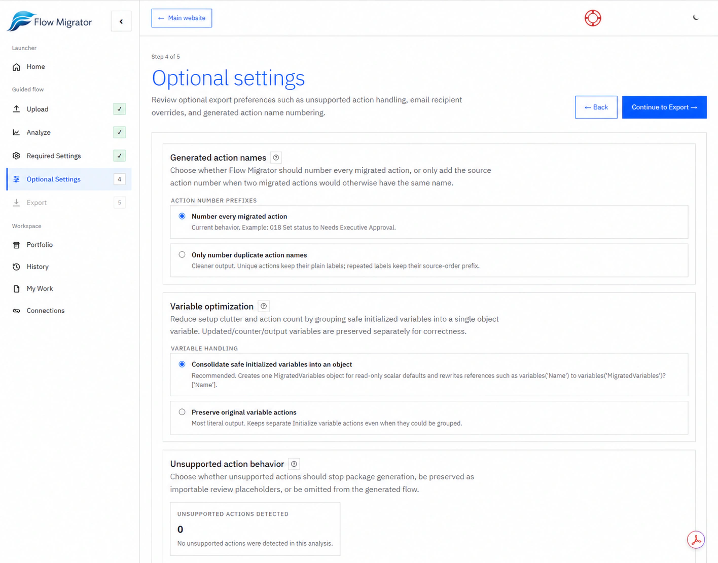 Optional settings with generated action naming, variable optimization, and unsupported action handling.