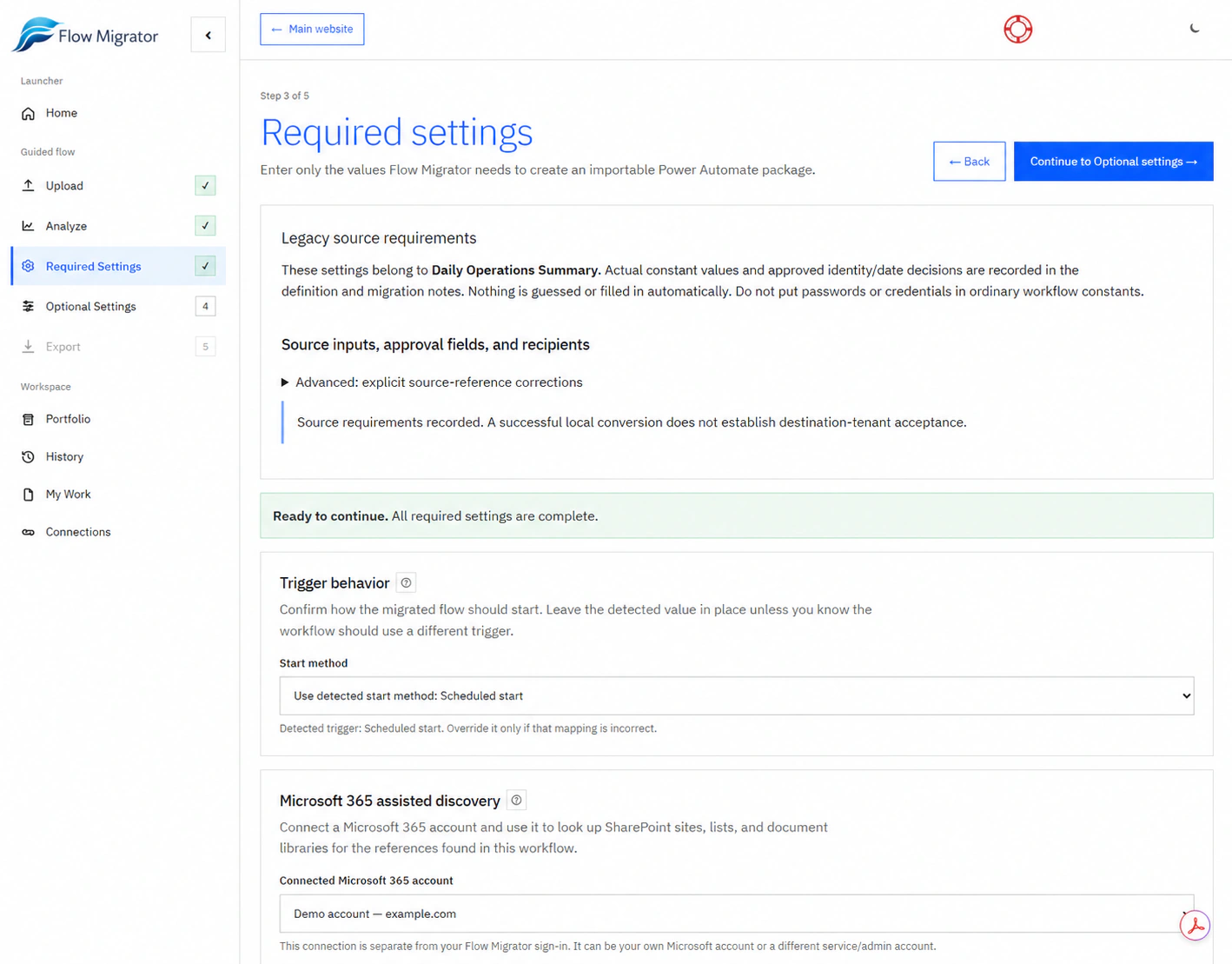 Required settings for Daily Operations Summary, with source requirements, scheduled-start behavior, and a demo Microsoft 365 account.