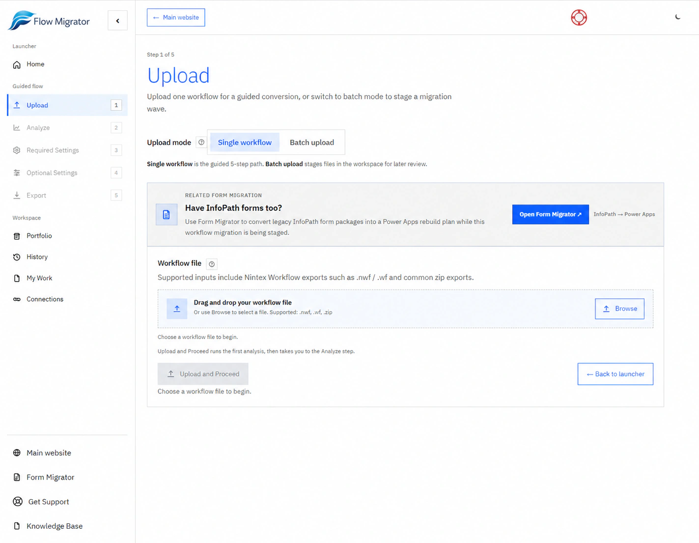 Upload screen with single workflow and batch modes, and a dropzone for a Nintex workflow export.