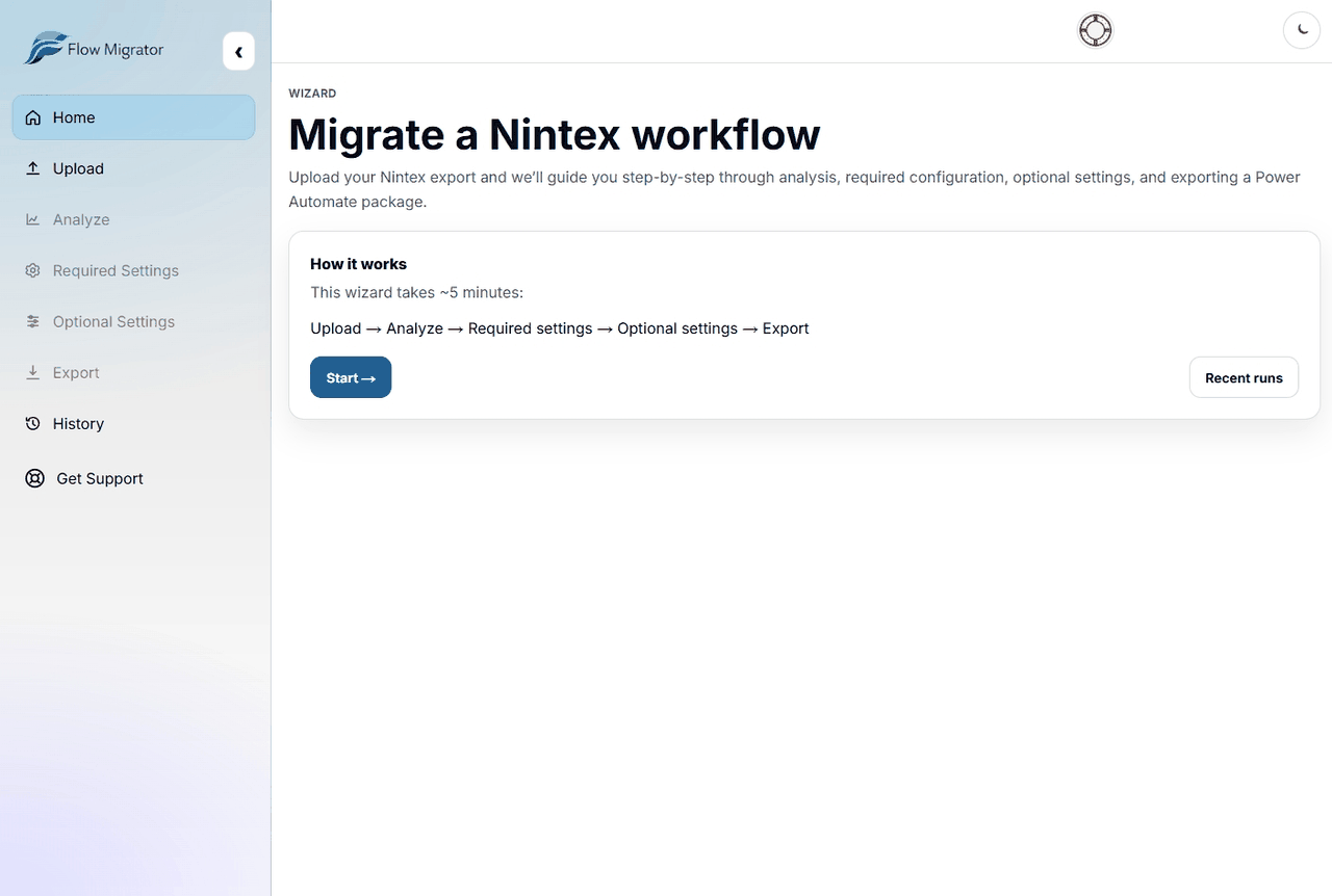 Animated walkthrough of the Flow Migrator app showing Home, Upload, Analyze, Required settings, Optional settings, and Export.